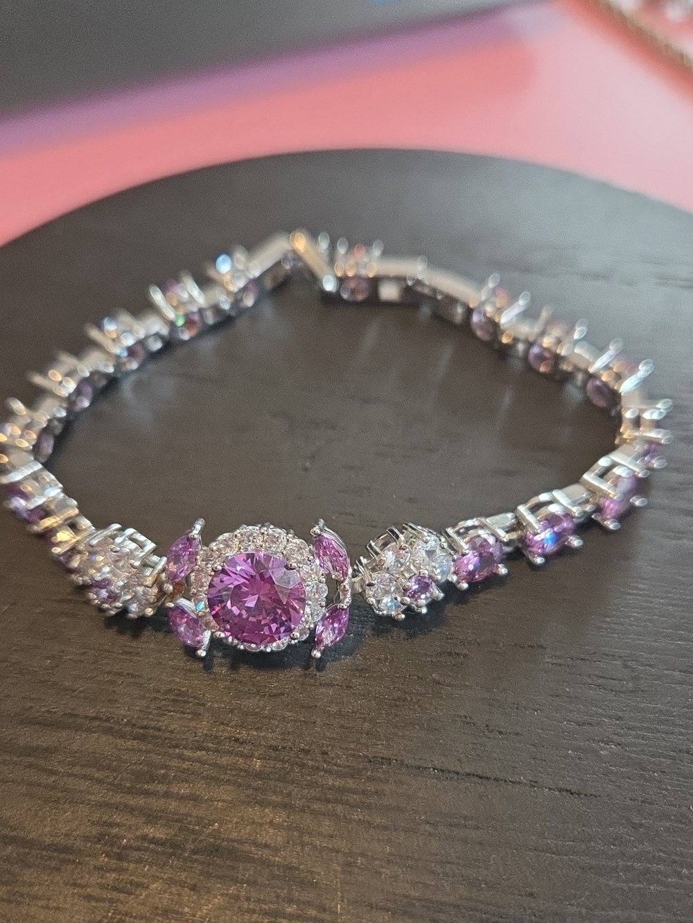 Elegant Purple Crystal Halo Bracelet in Silver Tone for Women
